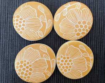 4 Ceramics Magnets, Mustard Yellow Floral Design Fridge Magnet set of 4, Clay, Flowers