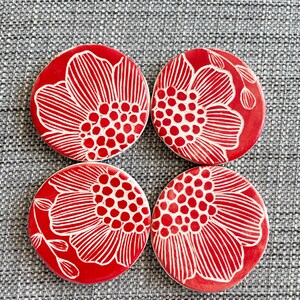 4 Ceramics Magnets, Red Floral Design Fridge Magnet set of 4, Clay, Flowers image 4