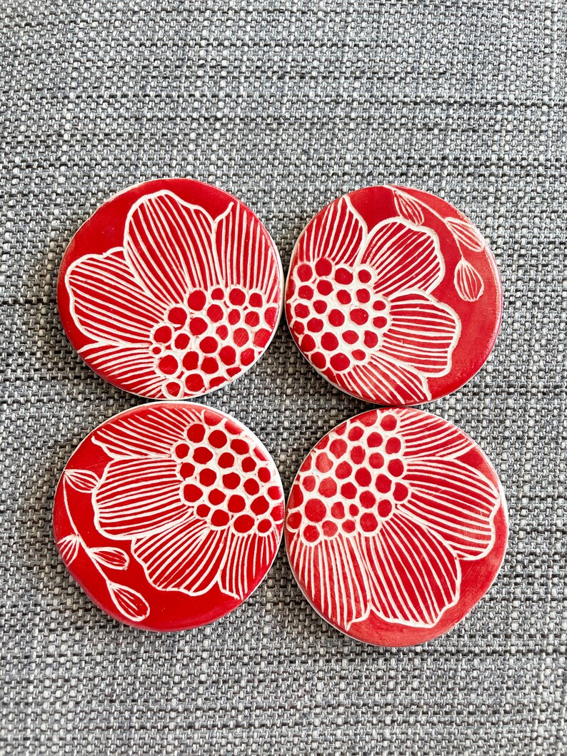 4 Ceramics Magnets, Red Floral Design Fridge Magnet set of 4, Clay, Flowers image 4