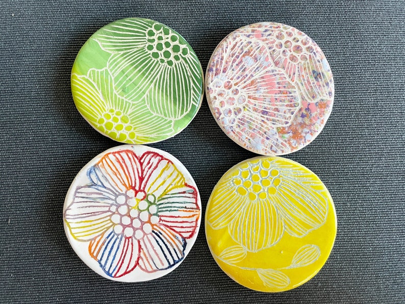 Set of 4 Ceramics Floral Handmade Magnets, Fridge Magnet, Clay, Flowers, Colorful image 1