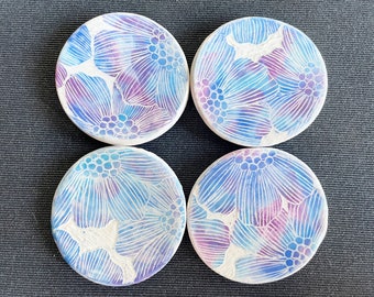 4 Ceramics Magnets, Purple Blue Floral Design Fridge Magnet set of 4, Clay, Flowers