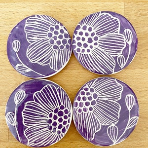 4 Ceramics Magnets,Purple Floral Design Fridge Magnet set of 4, Clay, Flowers image 6