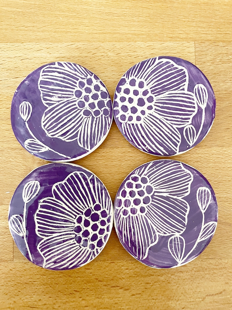 4 Ceramics Magnets,Purple Floral Design Fridge Magnet set of 4, Clay, Flowers image 6