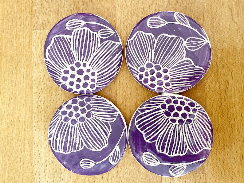 4 Ceramics Magnets,Purple Floral Design Fridge Magnet set of 4, Clay, Flowers image 5