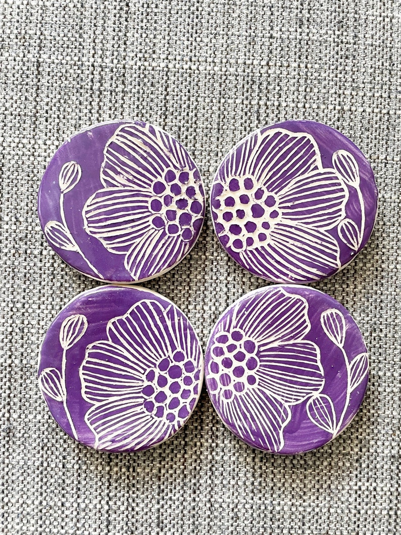 4 Ceramics Magnets,Purple Floral Design Fridge Magnet set of 4, Clay, Flowers image 1