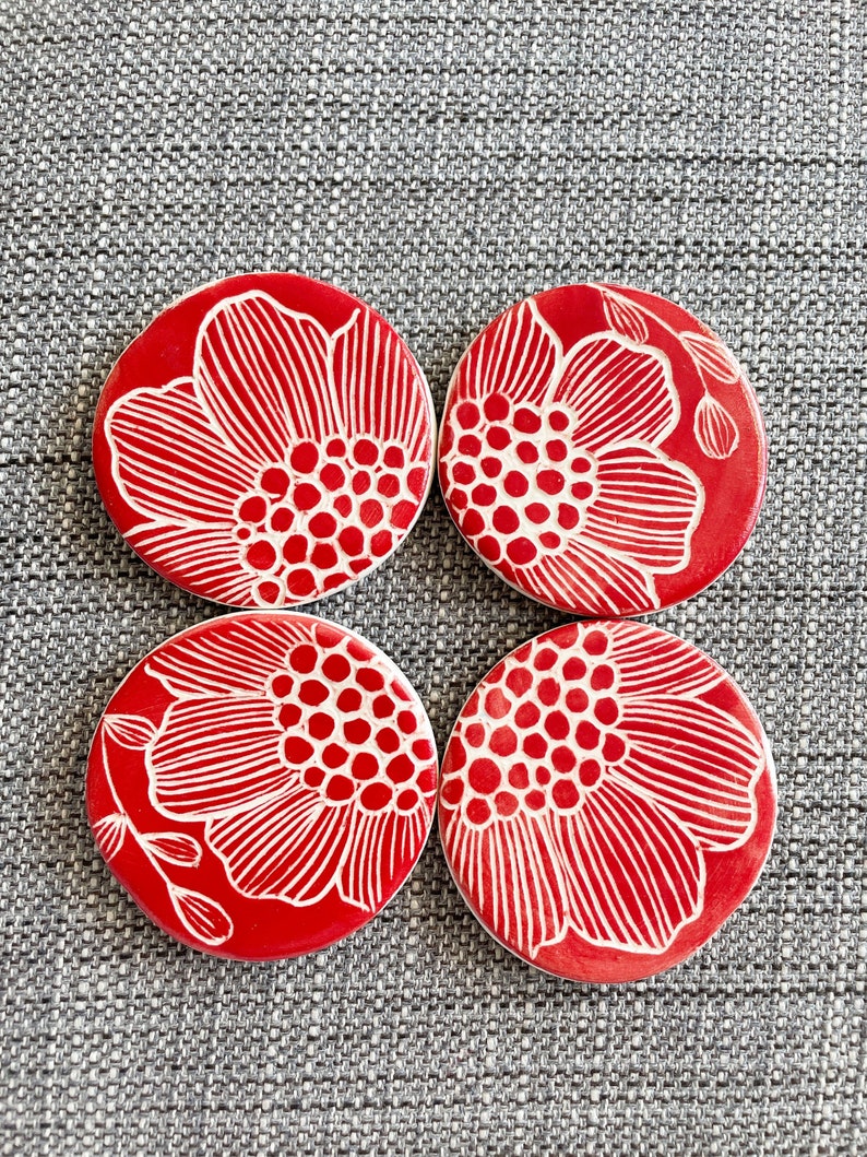 4 Ceramics Magnets, Red Floral Design Fridge Magnet set of 4, Clay, Flowers image 1