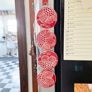 4 Ceramics Magnets, Red Floral Design Fridge Magnet set of 4, Clay, Flowers image 7