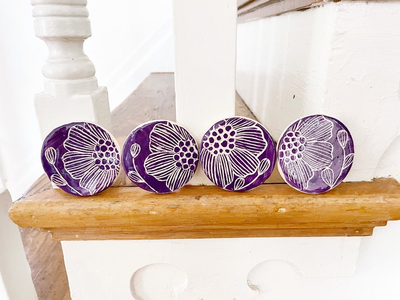 4 Ceramics Magnets,Purple Floral Design Fridge Magnet set of 4, Clay, Flowers image 2