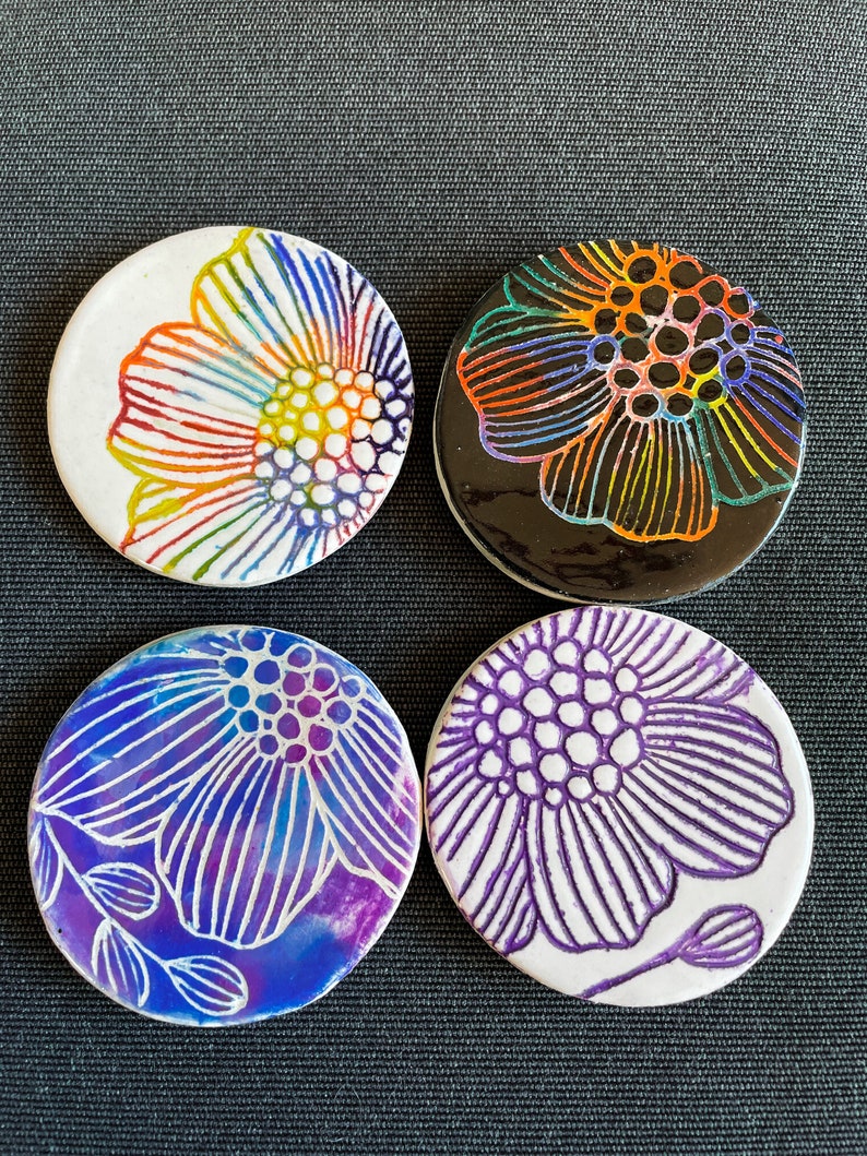Flowers Colorful Set of 4 Ceramics Floral Handmade Magnets Clay Fridge Magnet