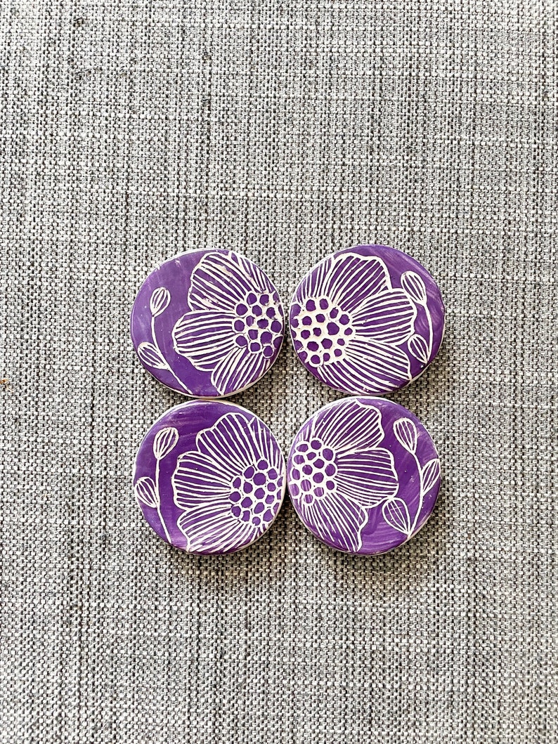 4 Ceramics Magnets,Purple Floral Design Fridge Magnet set of 4, Clay, Flowers image 7