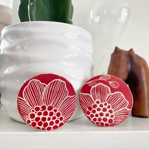 4 Ceramics Magnets, Red Floral Design Fridge Magnet set of 4, Clay, Flowers image 6