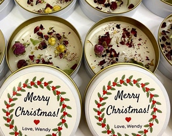 Personalized Tin Candle with Embedded Dried Flowers in Bulk, Soy Candle Gift Box Set,  Christmas Bulk Gifts, Christmas Gifts, Candle Favors