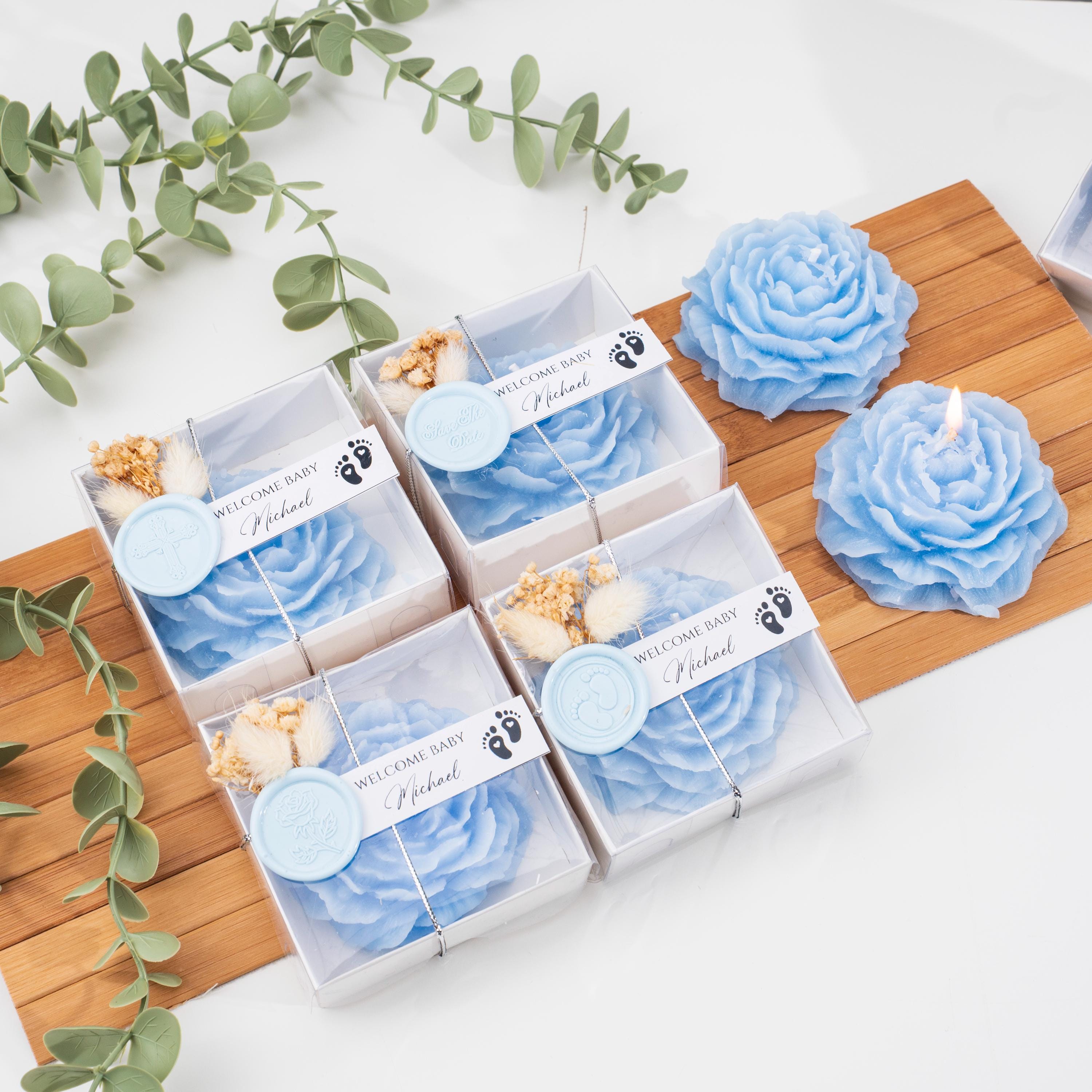 Bomboniera con candela a forma di peonia blu: regalo personalizzato per matrimonio, sposa e compleanno