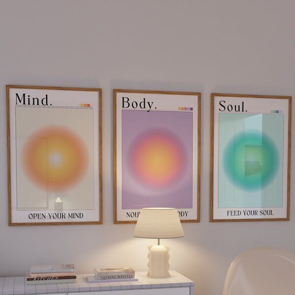 Positive Aura Posters Set Of 3, Colourful Aura Poster, Mind Body Soul Print, Spiritual Poster, Grainy Gradient, Gradient Print, DIGITAL ONLY