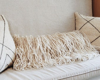 Fluffy throw pillow cover, Cream wool throw pillow, Decorative cushion, Handmade white wool scandinavian pillow, Flokati shag lumbar pillow