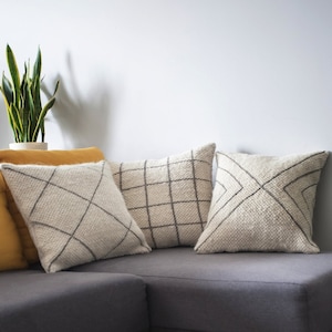 Cheaper together Set of 3 Handwoven Wool Throw Pillows with hand embroidery. 100% sheep's wool, traditional style. Ivory Cream Cushion image 1