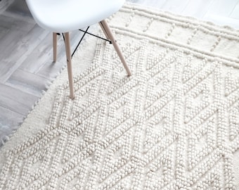 Large handmade wool rug with geometric design, Modern area rug for bedroom decor, Wool area rug, Decorative ivory carpet, Scandinavian rug