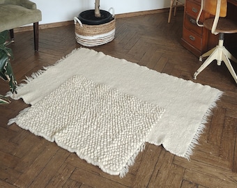 Smooth handwoven wool rug, White asymmetrical rug, Geometric scandi rug, Modern living room decor, Modern beige teppich, Housewarming gift