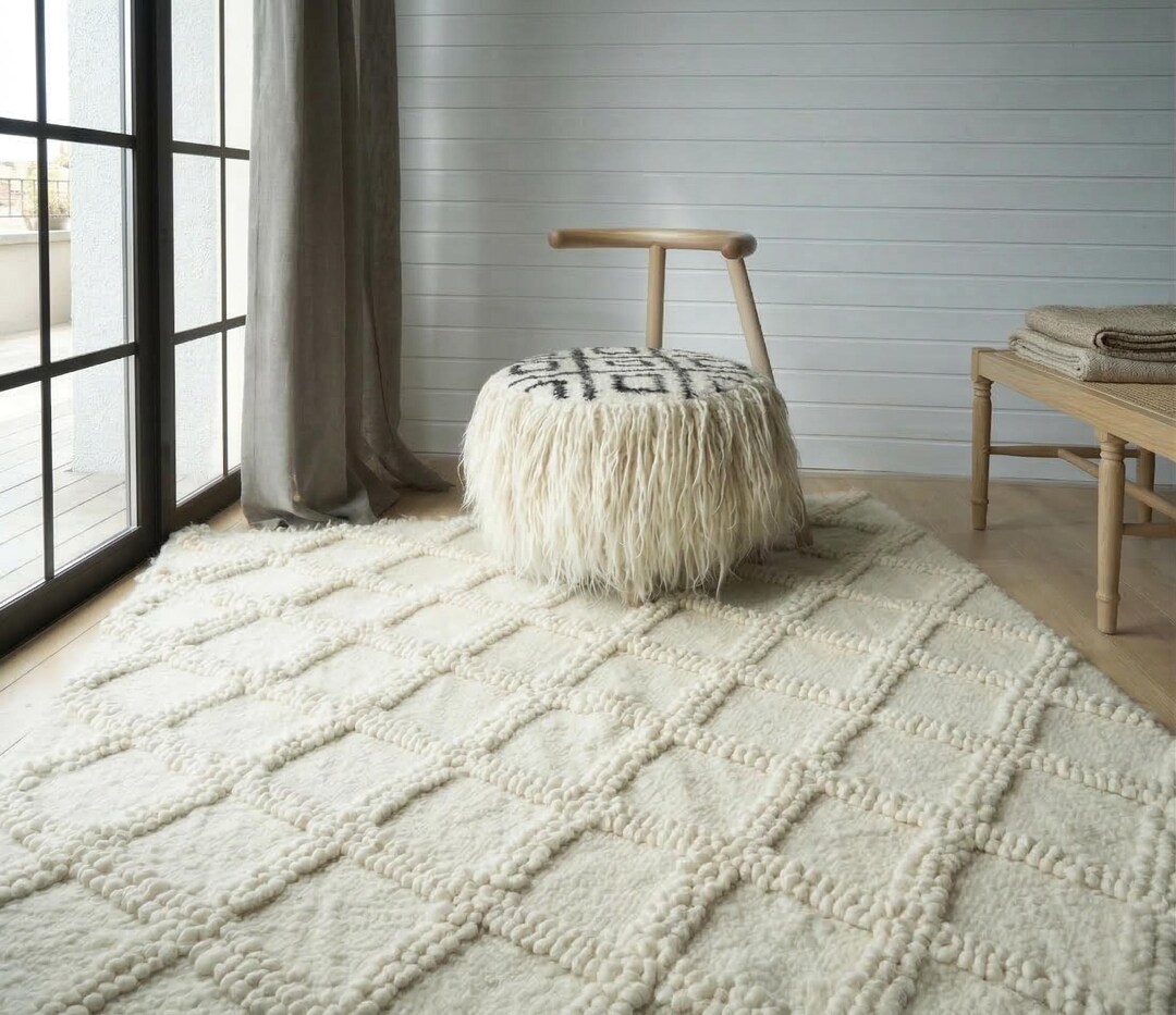 Chunky Wool Rug, Cream Geometric Tufted Rug, Boho Ivory Textured Carpet ...
