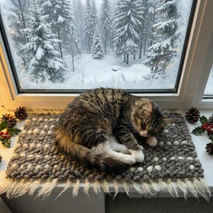 Natural Wool Rug Windowsill Cat Bed, Woven Cat Bed, Scandinavian Cat Window Perch, Cat Lover Gift, Natural Sheep Wool Cat Blanket