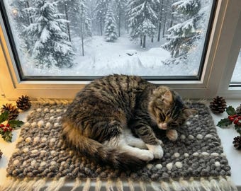 Alfombra de lana natural para alféizar de ventana, cama tejida para gatos, percha de ventana escandinava para gatos, regalo para amantes de los gatos, manta de lana de oveja natural para gatos