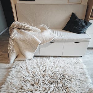 Fluffy Wool Rug, Shaggy Hand Woven Scandinavian Rug, Flokati Ivory Carpet, Natural Couch Cover Bedroom Aesthetic, Cozy Home Gift image 2