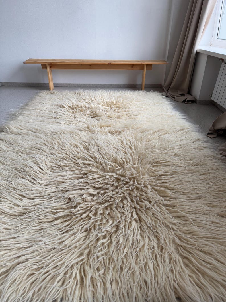 Fluffy Wool Rug, Shaggy Hand Woven Scandinavian Rug, Flokati Ivory Carpet, Natural Couch Cover Bedroom Aesthetic, Cozy Home Gift image 5