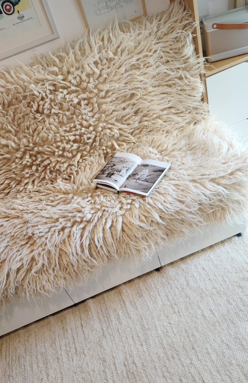 Fluffy Wool Rug, Shaggy Hand Woven Scandinavian Rug, Flokati Ivory Carpet, Natural Couch Cover Bedroom Aesthetic, Cozy Home Gift image 7