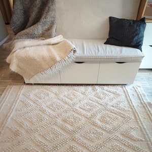 Handgemaakt wollen tapijt, geometrisch structuurtapijt, gezellig natuurlijk wollen tapijt, luxe huisdecor, zacht en duurzaam tapijt in neutrale kleur voor woonkamer