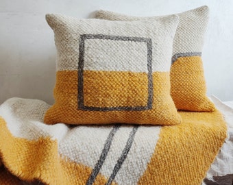 Handgefertigtes dekoratives Kissen, Boho Geometrisches orange Kissen, Kissenbezug aus Bio-Wolle, gelbes Sofa-Akzent-Kissen, Boho Home Decor Kissen