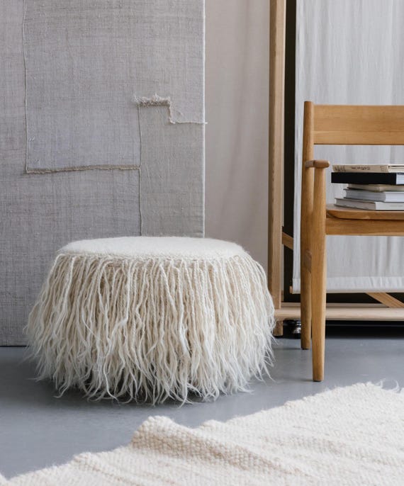 Handmade Flokati Ottoman, Fringe Round Pouf from Pure Sheep Wool, White Footstool for Living Room, Japandi Ottoman as Bedroom Accent Stool