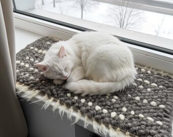 Windowsill Cat Bed, Wool Rug Cat Window Perch, Cozy Window Seat Mat, Unique Cat Lover Gift, Natural Sheep Wool Cat Blanket