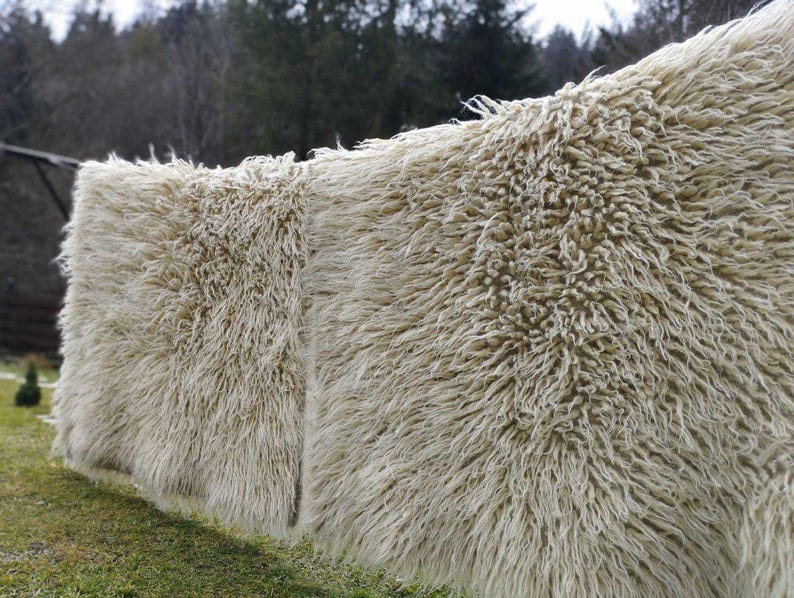 Fluffy Wool Rug, Shaggy Hand Woven Scandinavian Rug, Flokati Ivory Carpet, Natural Couch Cover Bedroom Aesthetic, Cozy Home Gift image 3