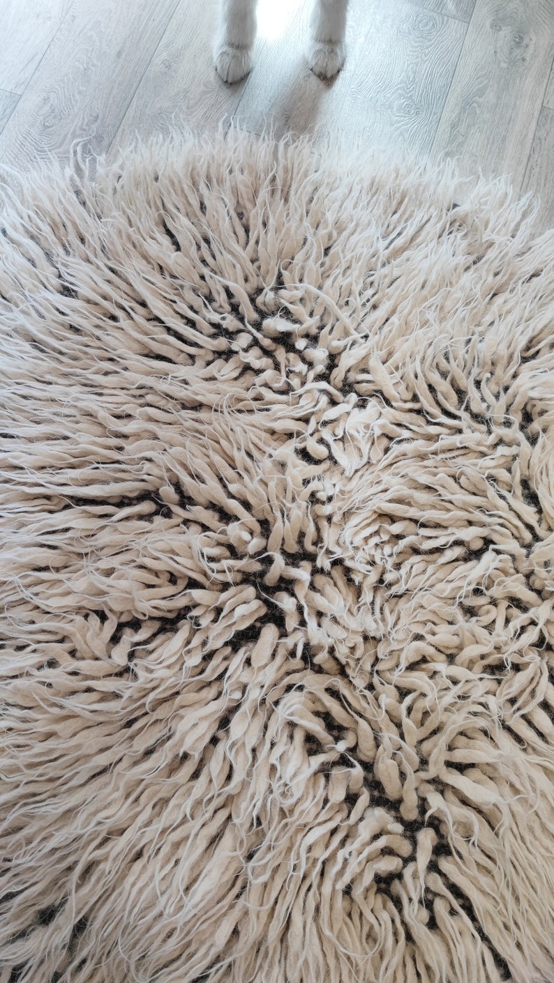 Fluff Loop Rug Fluffy Round Tufted Wool Rug, White Shaggy Flokati Rug for Bedroom or ...
