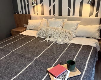 Manta de lana a rayas, manta de lana orgánica, manta tejida gruesa y acogedora, manta de lana a cuadros grande y suave, ropa de cama rústica de lana, 225 x 145 cm