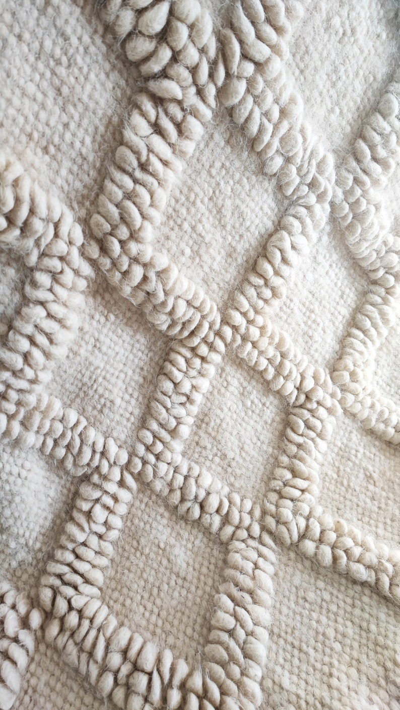 Boho chic white wool carpet, Geometric scandinavian rug for bedroom decor, Scandinavian home decor, Ukrainian wool bedroom rug, Ivory rug image 6