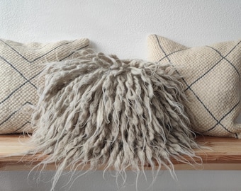 Handmade Sheep Wool Pillow, Accent Flokati Pillow, Scandinavian Natural Decorative Cushion, Cozy Boho Home Decor