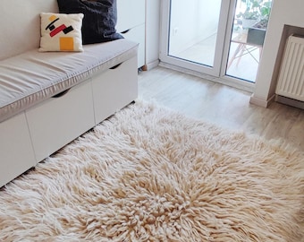 Natural wool shaggy throw, Fluffy sofa slip cover, Natural couch decor, Rustic sofa covers decor, Flokati wool rug, Handmade tufted rug