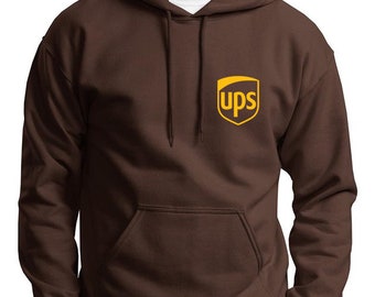 May include: A brown hooded sweatshirt with a yellow UPS logo on the front.