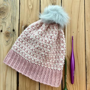 Virkmönster för Lots of Love-mössa | Tunisiskt virkmönster för mössa | Baby till vuxen stor | Snap-On-pompom | PDF-mönster