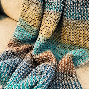 Puede incluir: Una manta de punto de ganchillo con un patr&oacute;n texturizado en tonos de azul, verde, marr&oacute;n y gris.