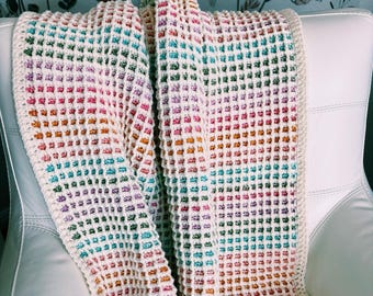 ワッフルステッチかぎ針編みブランケットのパターン：9サイズ、セルフ