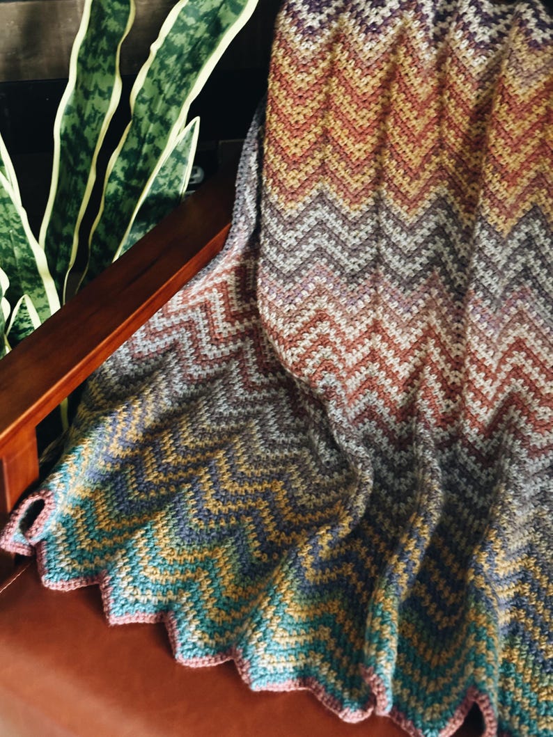 Pu&ograve; includere: Una coperta all'uncinetto con motivo chevron multicolore in tonalit&agrave; di marrone, rosso, viola, blu, verde e giallo. La coperta &egrave; drappeggiata su una sedia di legno.