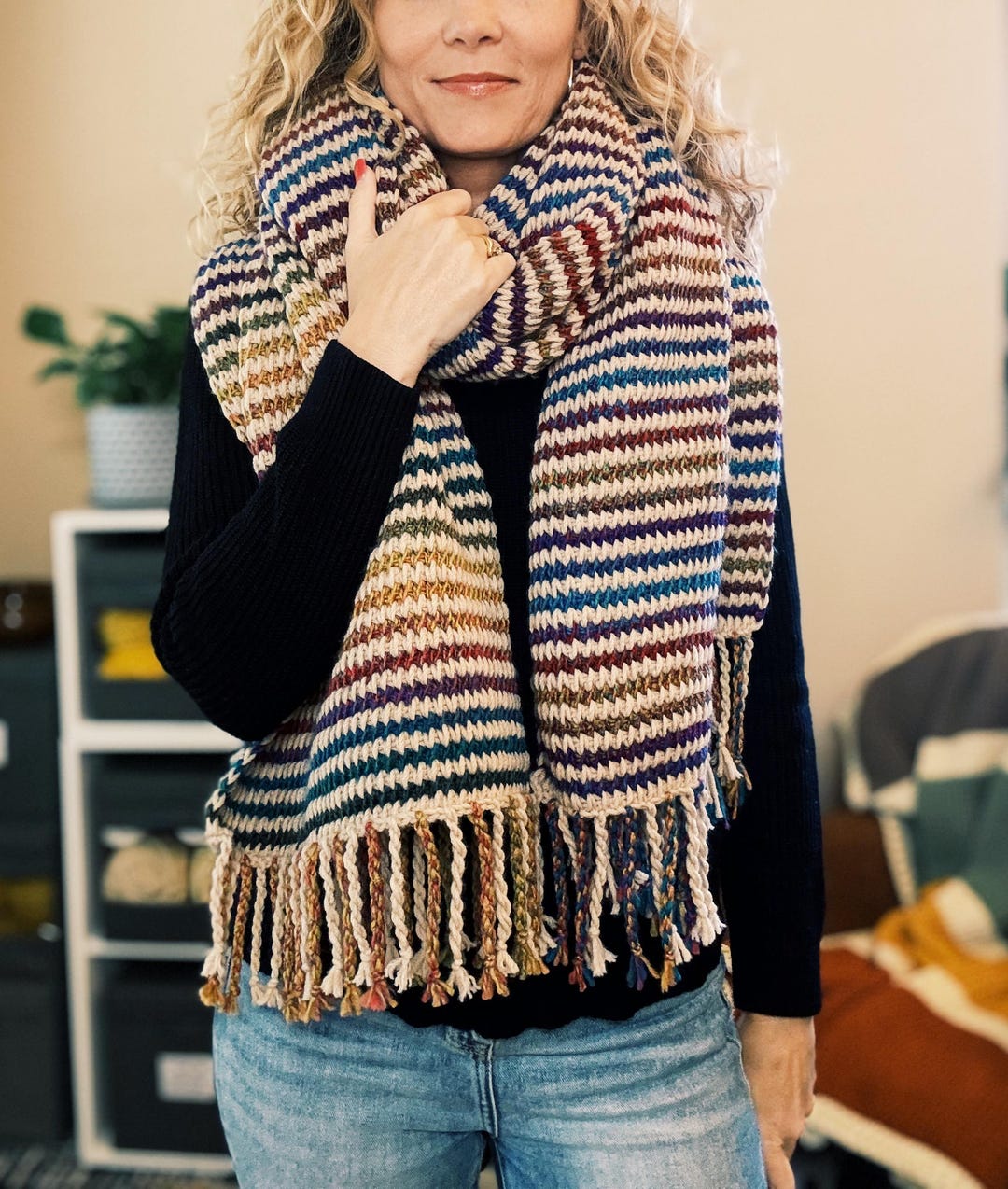 Tunisian Crochet Blanket Scarf Pattern – Roving Yarn Stripe (PDF
