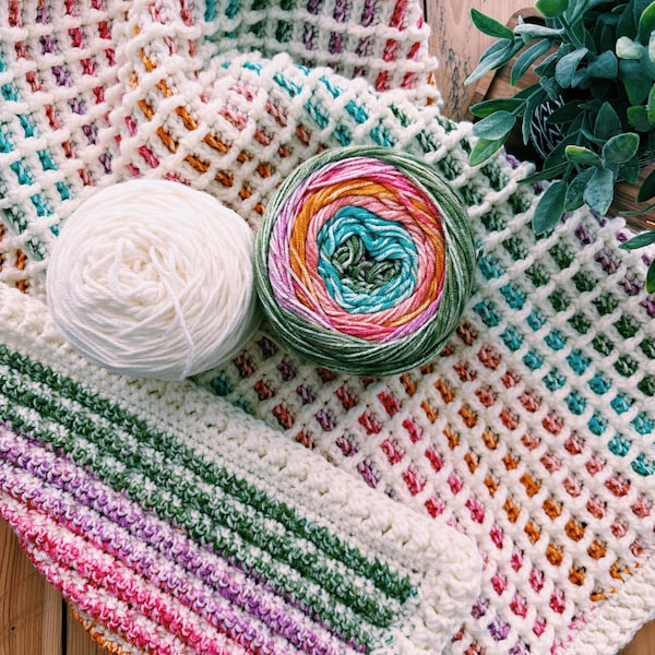 Patrón de manta de crochet con punto gofre: 9 tamaños, hilo autorayado (patrón en PDF)