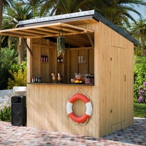 Può includere: Un bar all'aperto in legno con tetto nero e salvagente rosso e bianco. Il bar ha un bancone con bevande e una pianta sospesa. Un altoparlante, posti a sedere e una griglia sono nelle vicinanze.