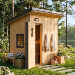 May include: A wooden sauna cabin with an open door, towels, and a bench. The cabin is surrounded by greenery, flowers, and a lake in the background. The sauna has a small window and a light fixture above the door.