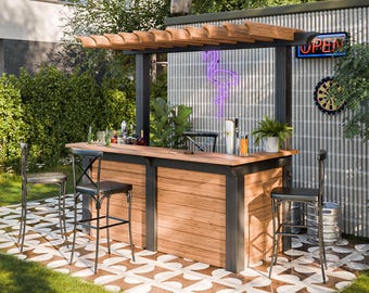 May include: Outdoor bar with a wooden countertop and black metal frame. The bar has a pergola above it and is surrounded by a tiled patio. There are three black metal bar stools and a neon flamingo sign on the wall.