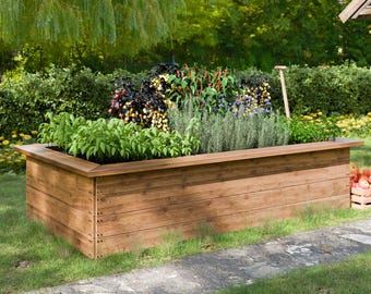 May include: A wooden raised garden bed with a variety of plants growing inside. The bed is made of natural wood and has a rustic look. The plants include herbs, flowers, and vegetables.