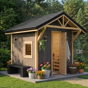 May include: A small, dark gray sauna with a black roof and light wood trim. The sauna has an open door with a towel hanging, a small window, and a bench. Potted flowers and greenery surround the sauna, which is set in a lush, green landscape.